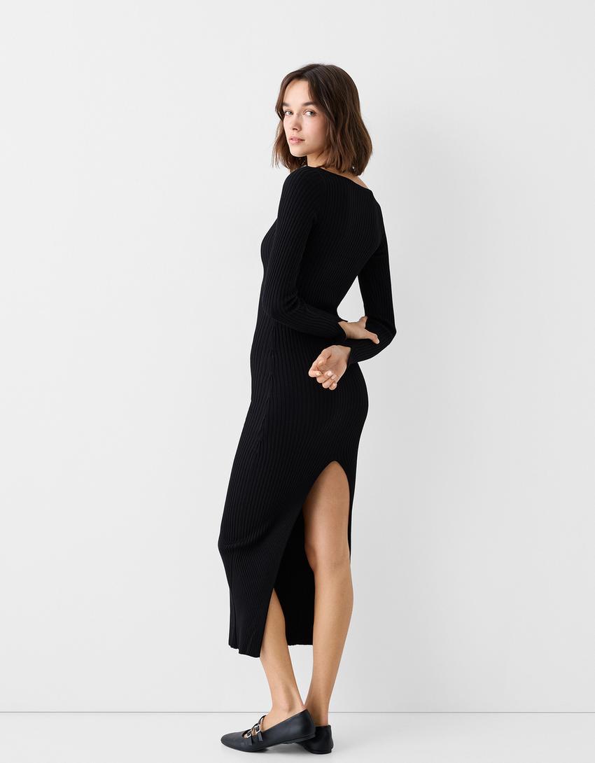 Vestido midi manga comprida malha nervuras-Preto-2