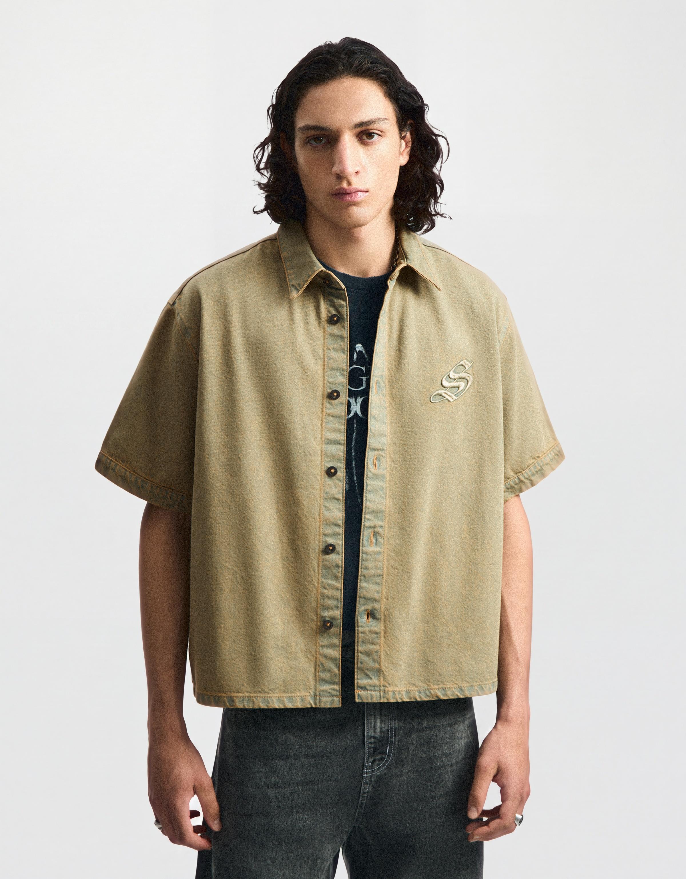Short sleeve boxy textured shirt — Khaki