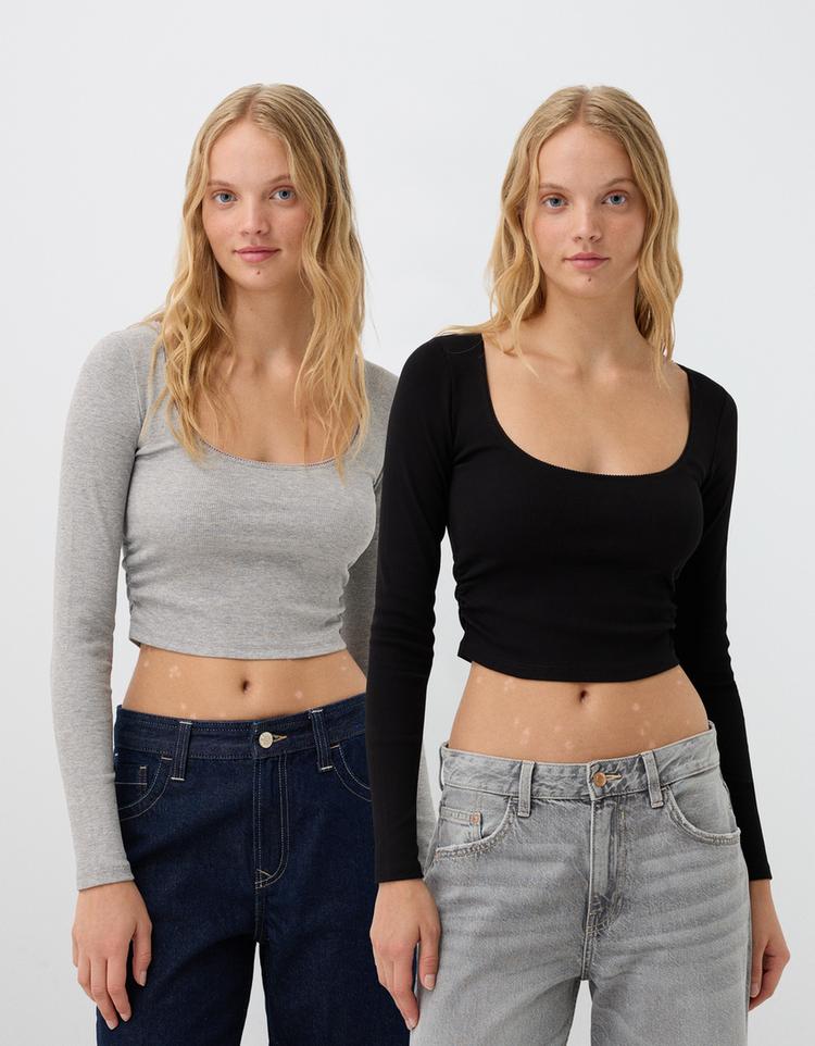 2er-Pack Langarmshirts mit langen Ärmeln und Topfkragen