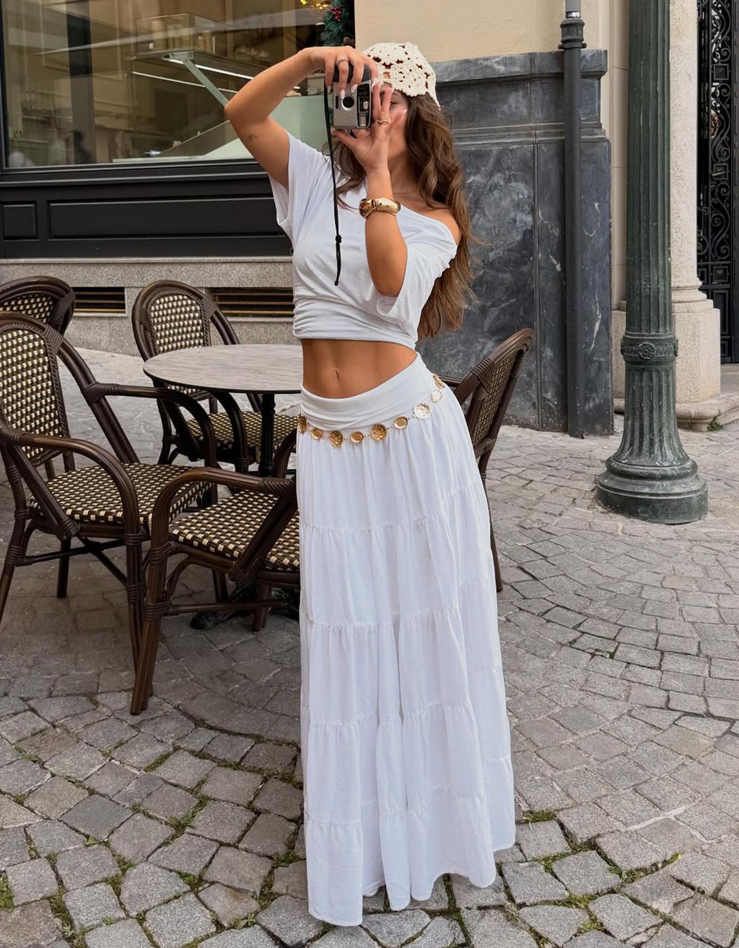 Bershka spódnica midi z podwiniętym pasem biały