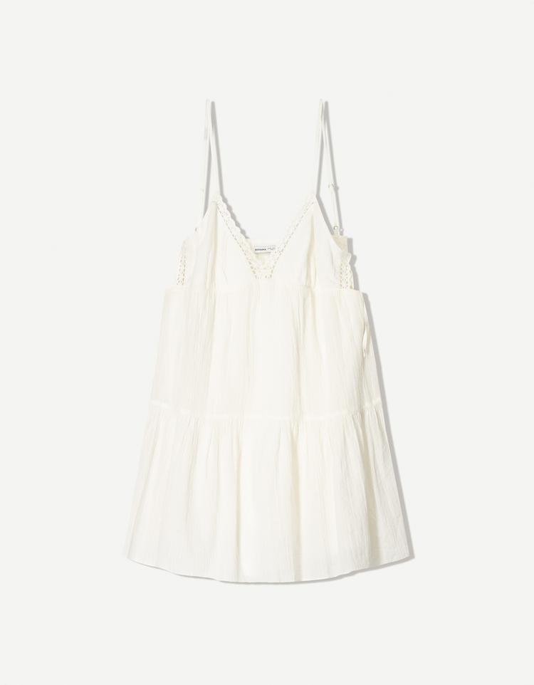 Textured mini dress with lace trim