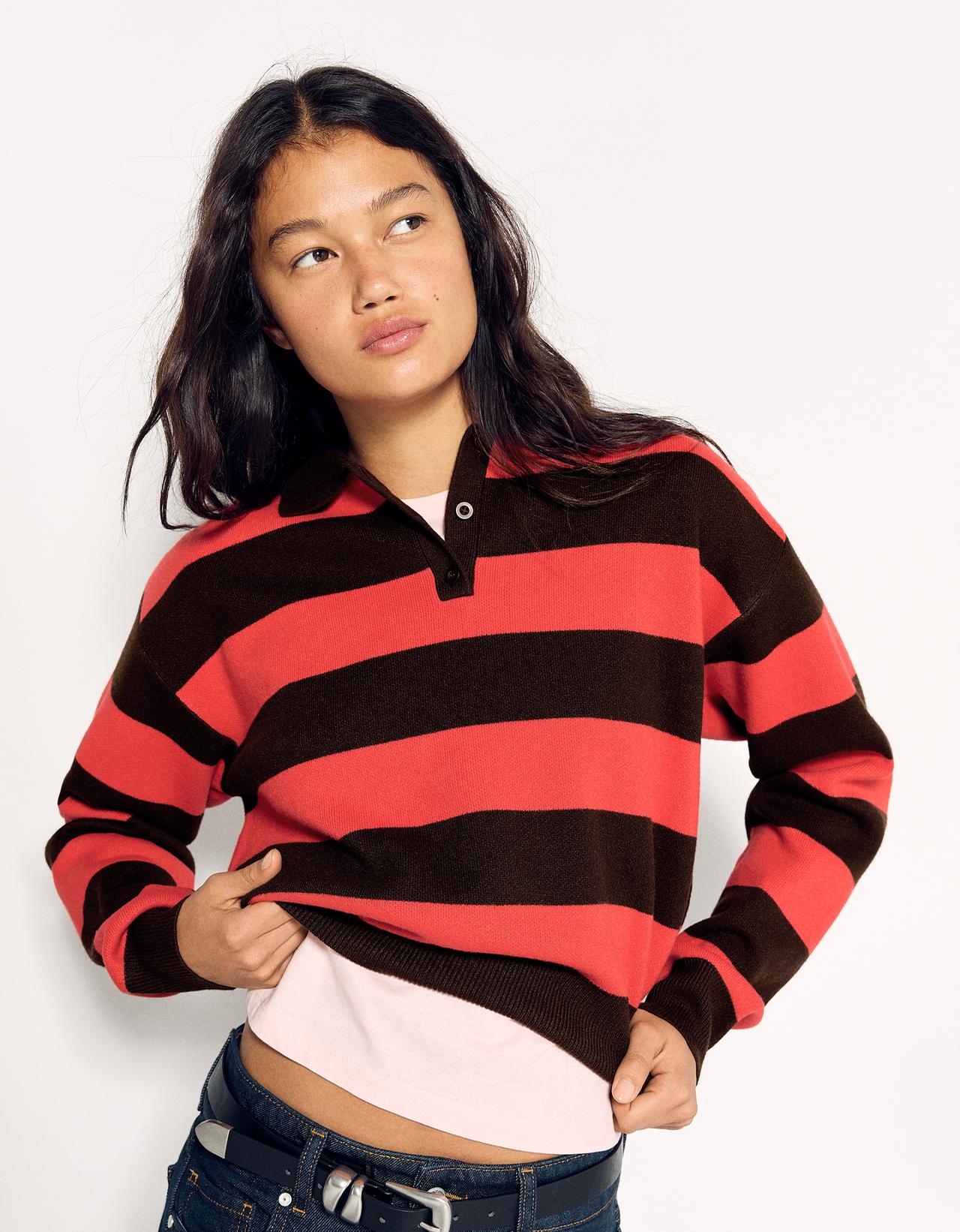 Button-up boxy polo collar jumper — Brown
