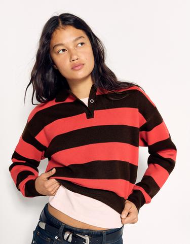 Button-up boxy polo collar jumper — Brown 4