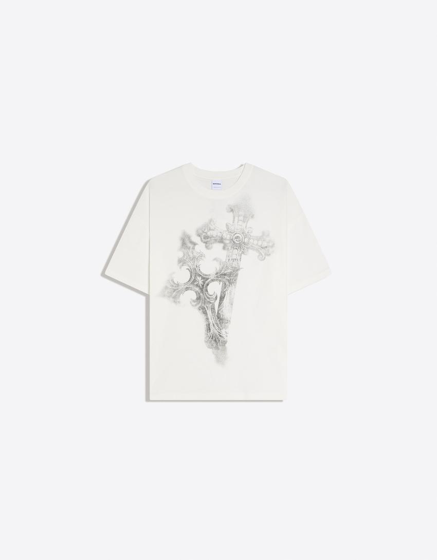 T-shirt manches courtes oversize imprimé-Blanc cassé
