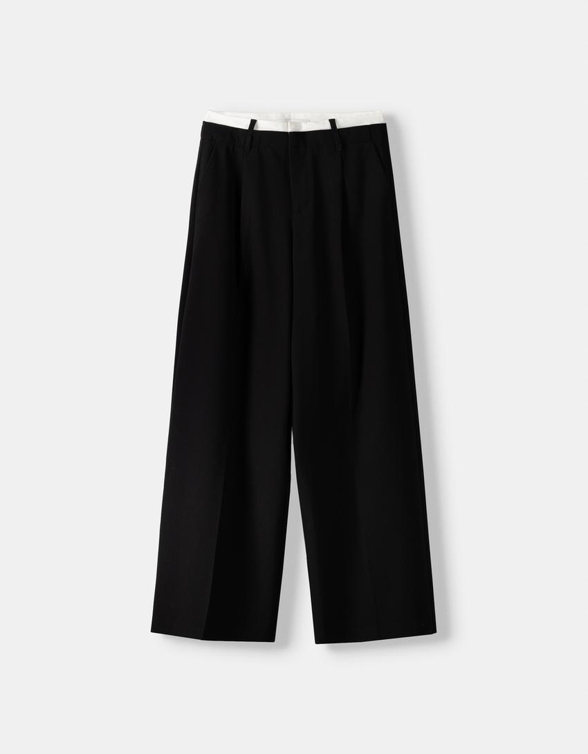 Wide-leg tailored fit trousers with contrast waist detail-Black