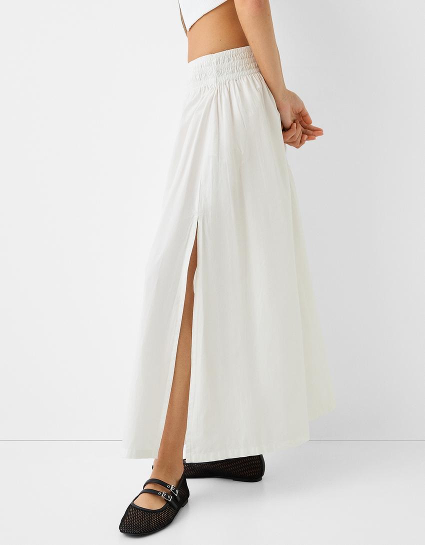 Saia midi popelina elástico cintura-Cru-1