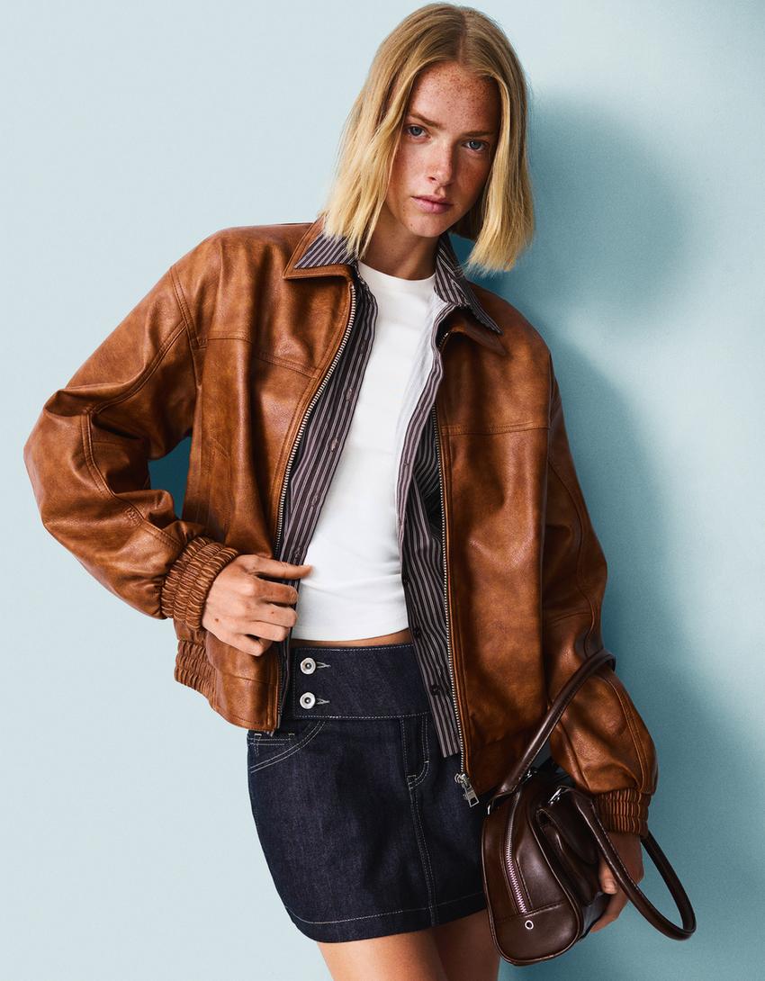 Giubbotto effetto pelle oversize-Camel-0