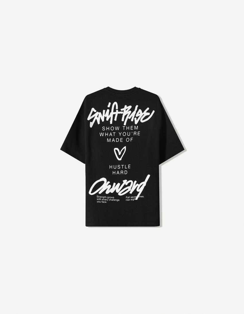 T-shirt manches courtes molleton imprimé-Noir-5