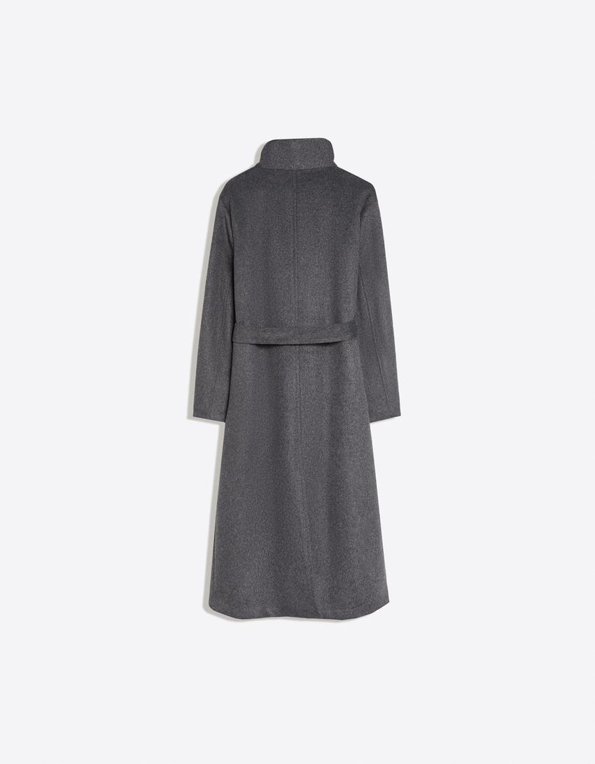 Long funnel neck coat with belt-Dark grey