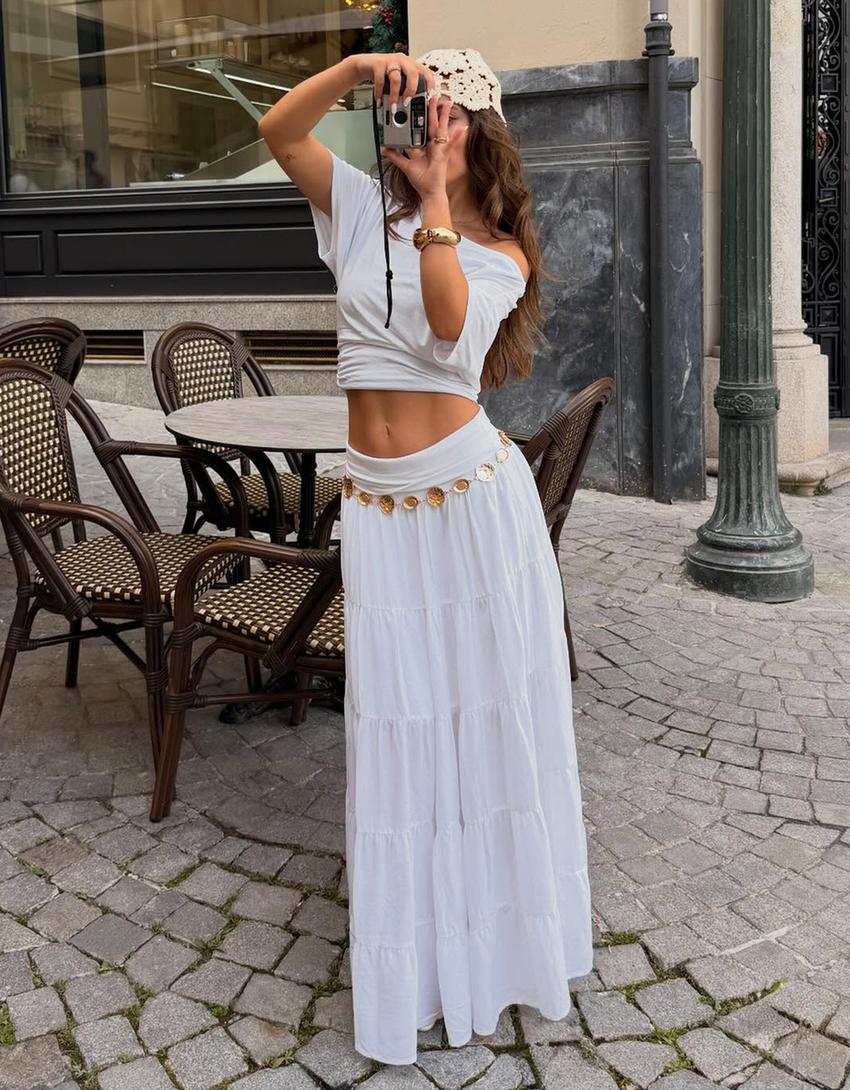 Midi skirt with fold-over waist-White