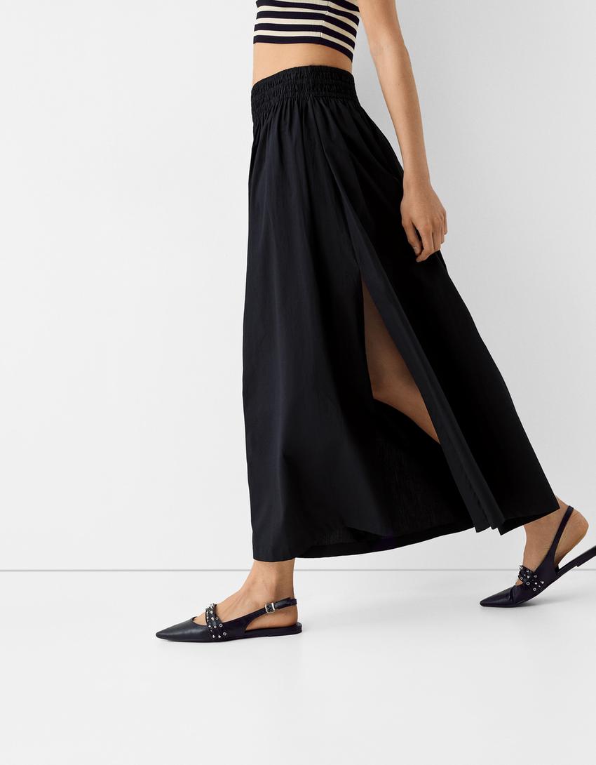 تنورة بوبلين متوسطة الطول بخصر مرن-أسود-3