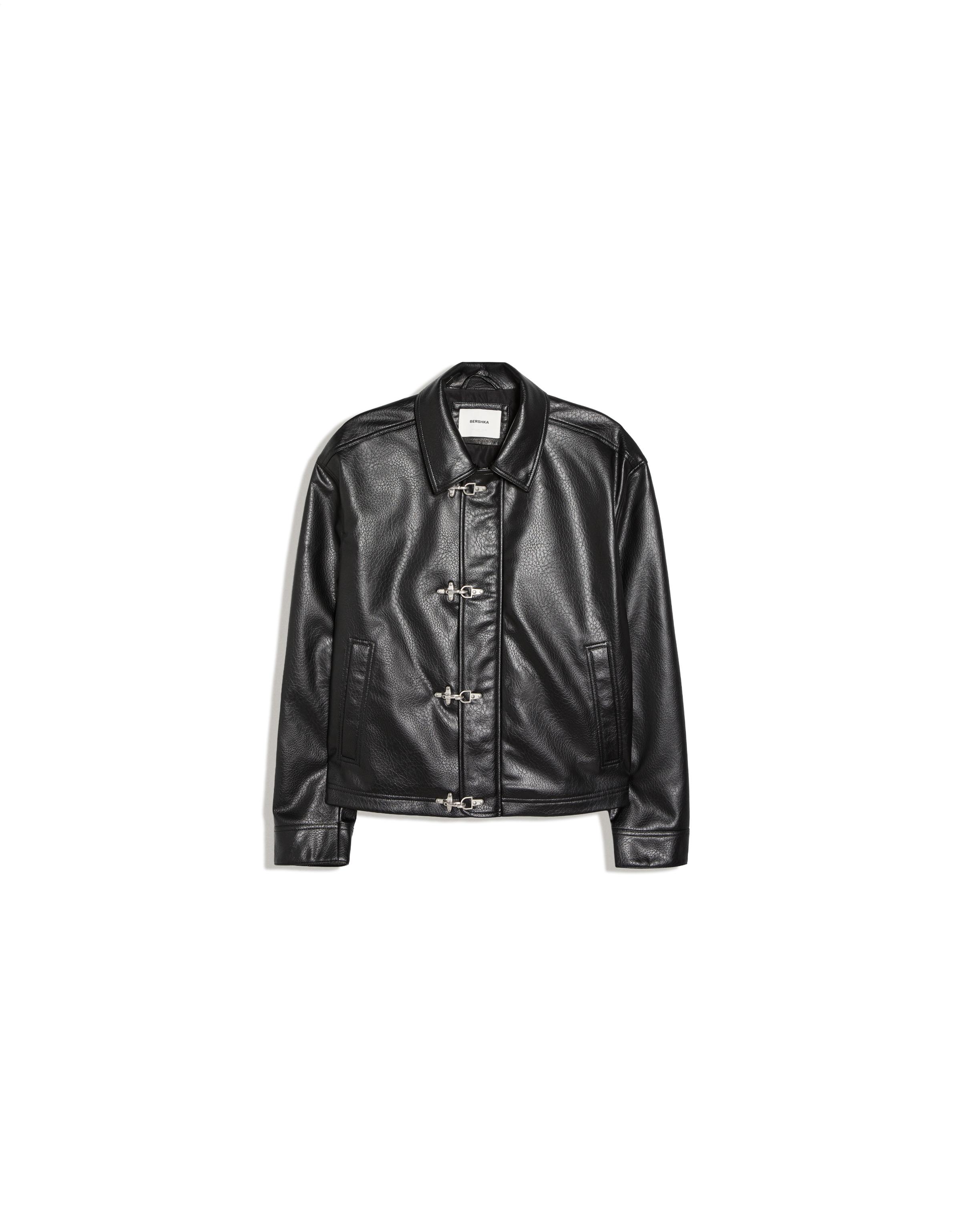 Leather effect jacket with clasps — Black