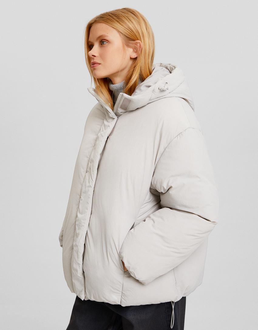 Nylon quilted jacket with hood-Grey