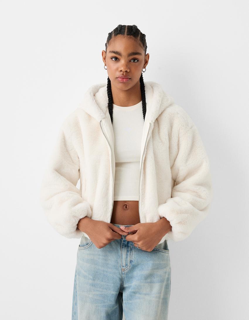 Jacket with faux fur hood-Off white