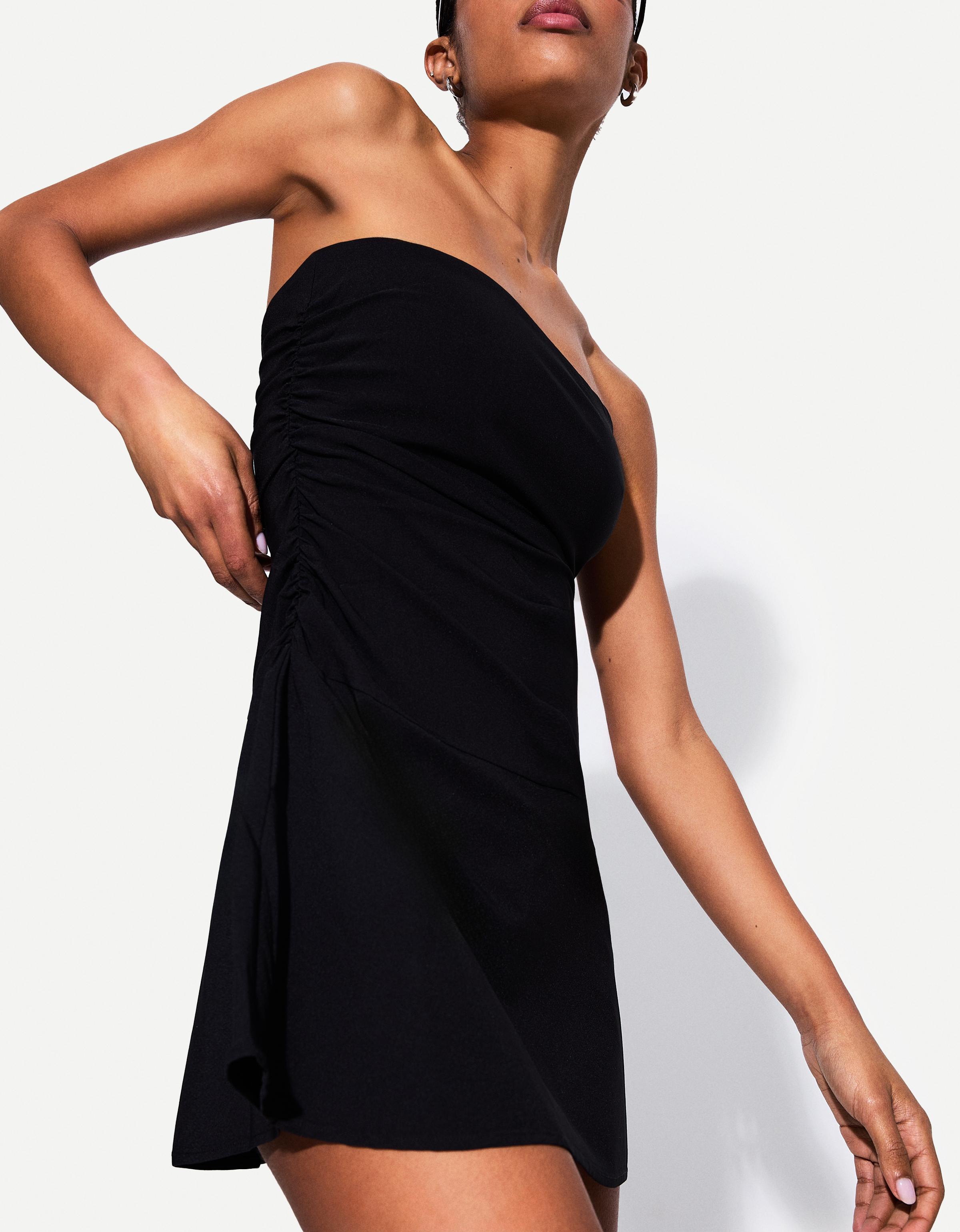 Bershka Bandeau-Minikleid Aus Bengaline Mit Raffungen Damen Xs Schwarz