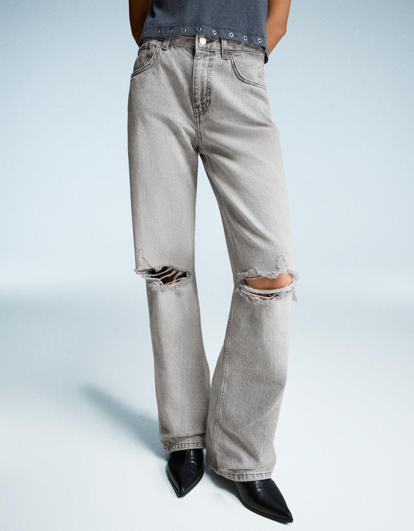 Ripped wide-leg jeans-Dark grey