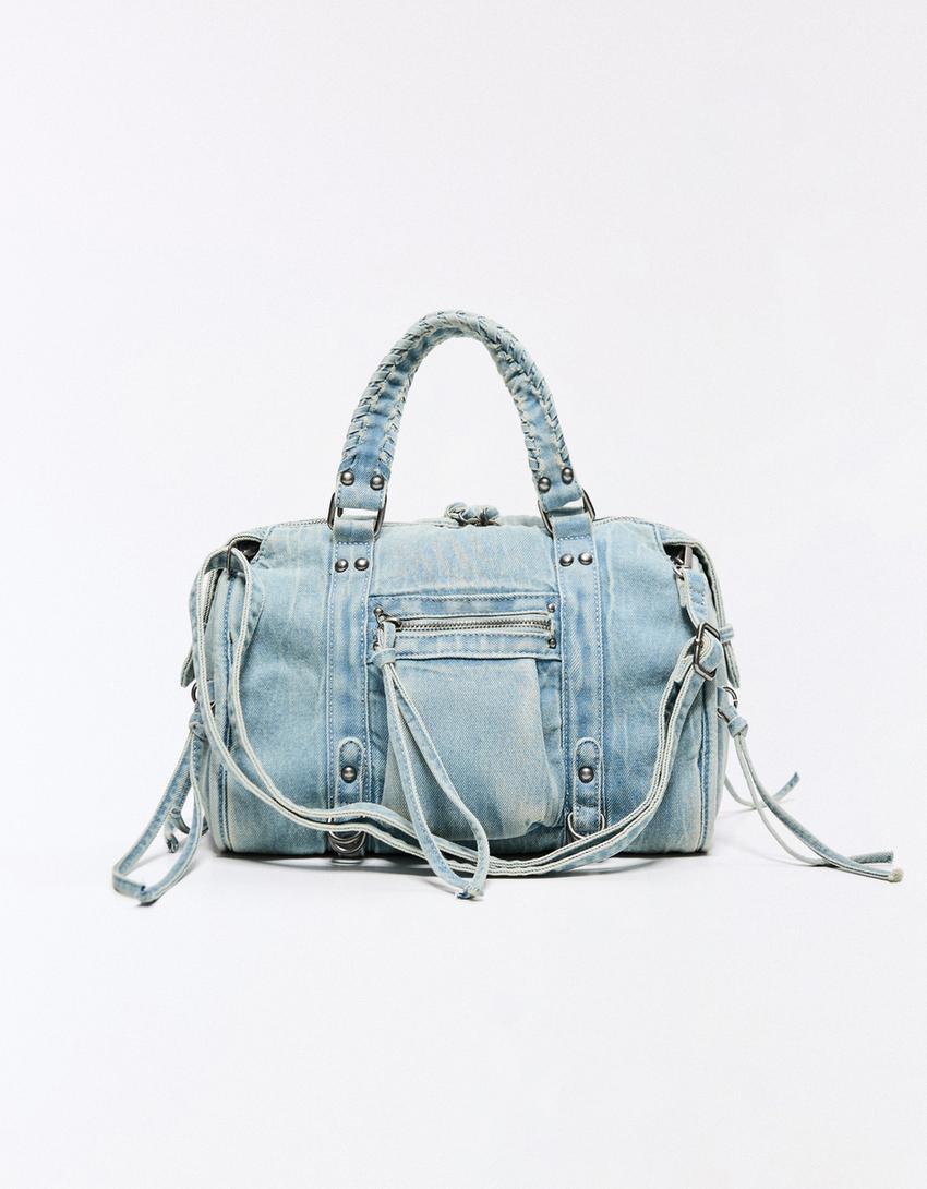 Bolso bowling efecto gastado tiras-Azul lavado