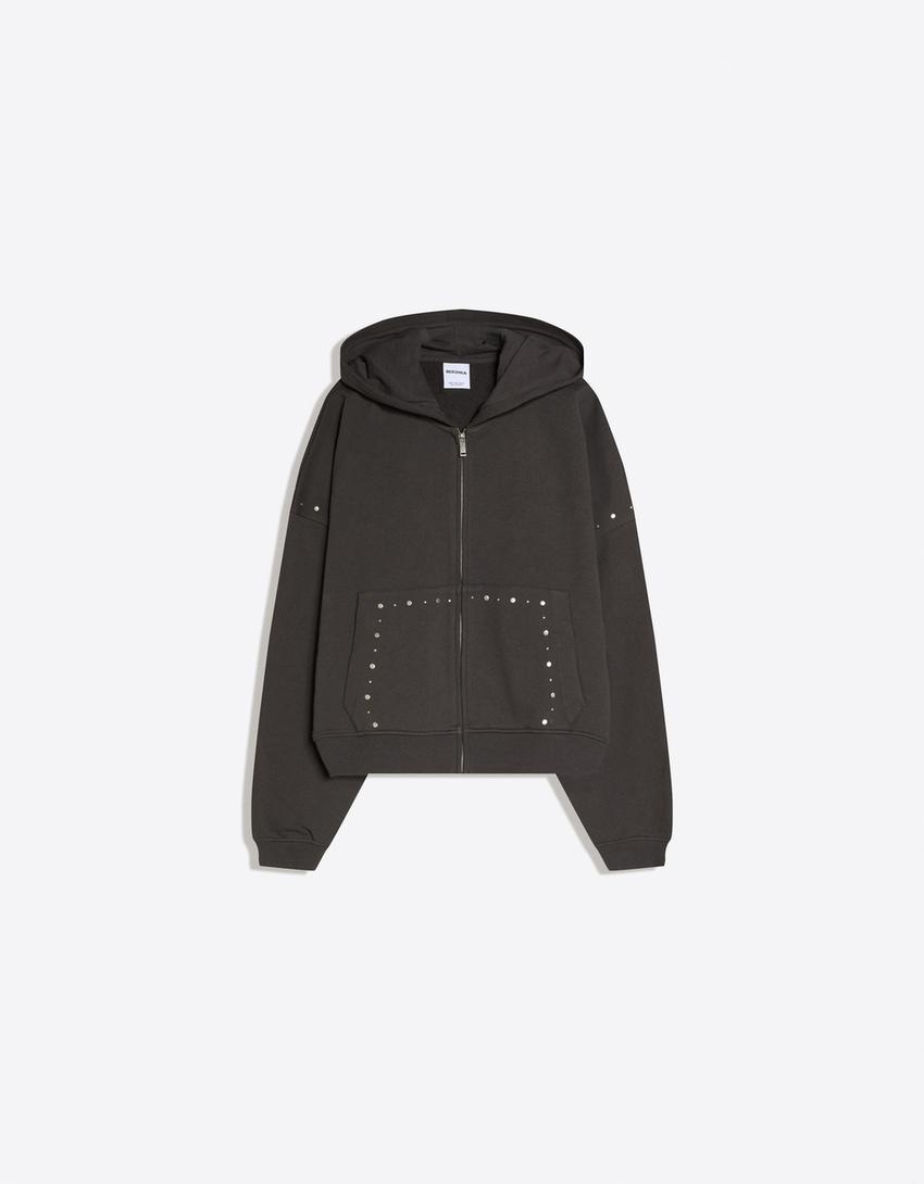 Fermuarlı kapüşonlu zımbalı sweatshirt-Koyu gri
