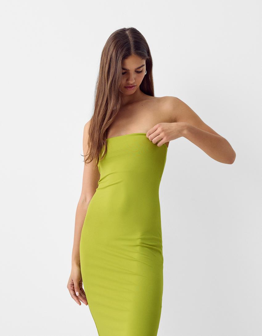 فستان متوسط الطول بدون حمالات-أخضر-1