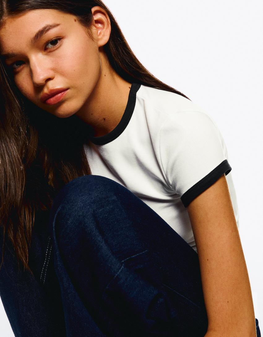 Short sleeve contrast T-shirt-Off white-1