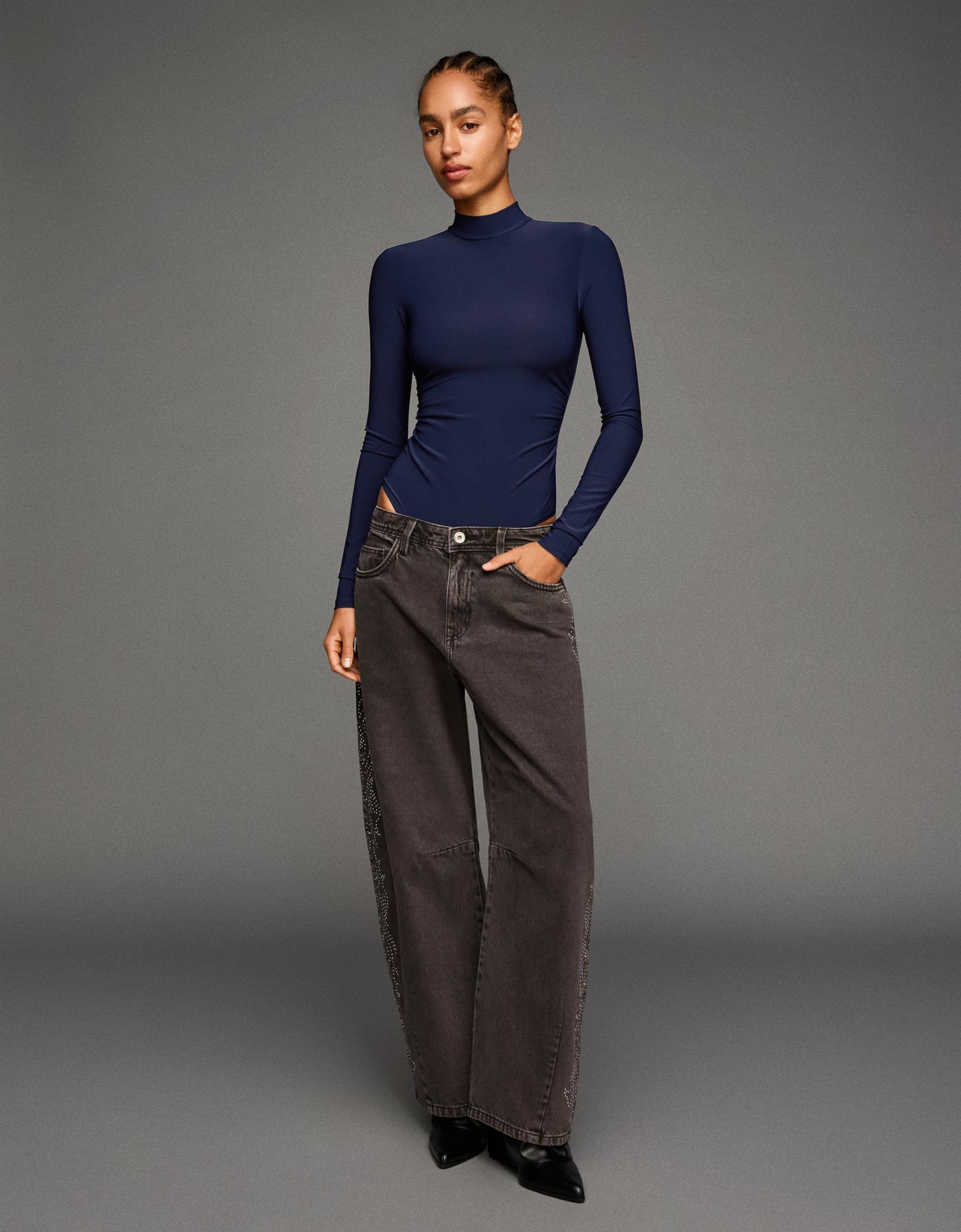 Bershka Body Manga Larga Cuello Perkins Mujer S Marino