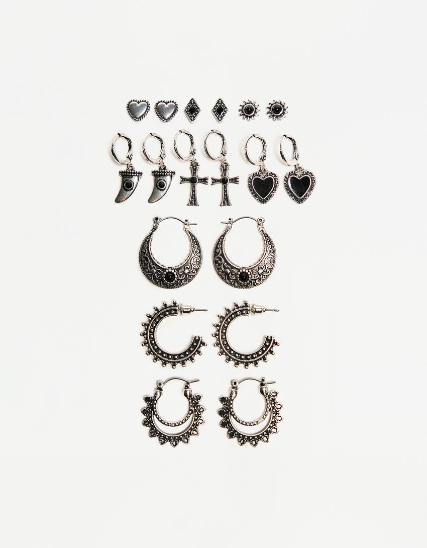 9-pack of boho earrings-Silver-1
