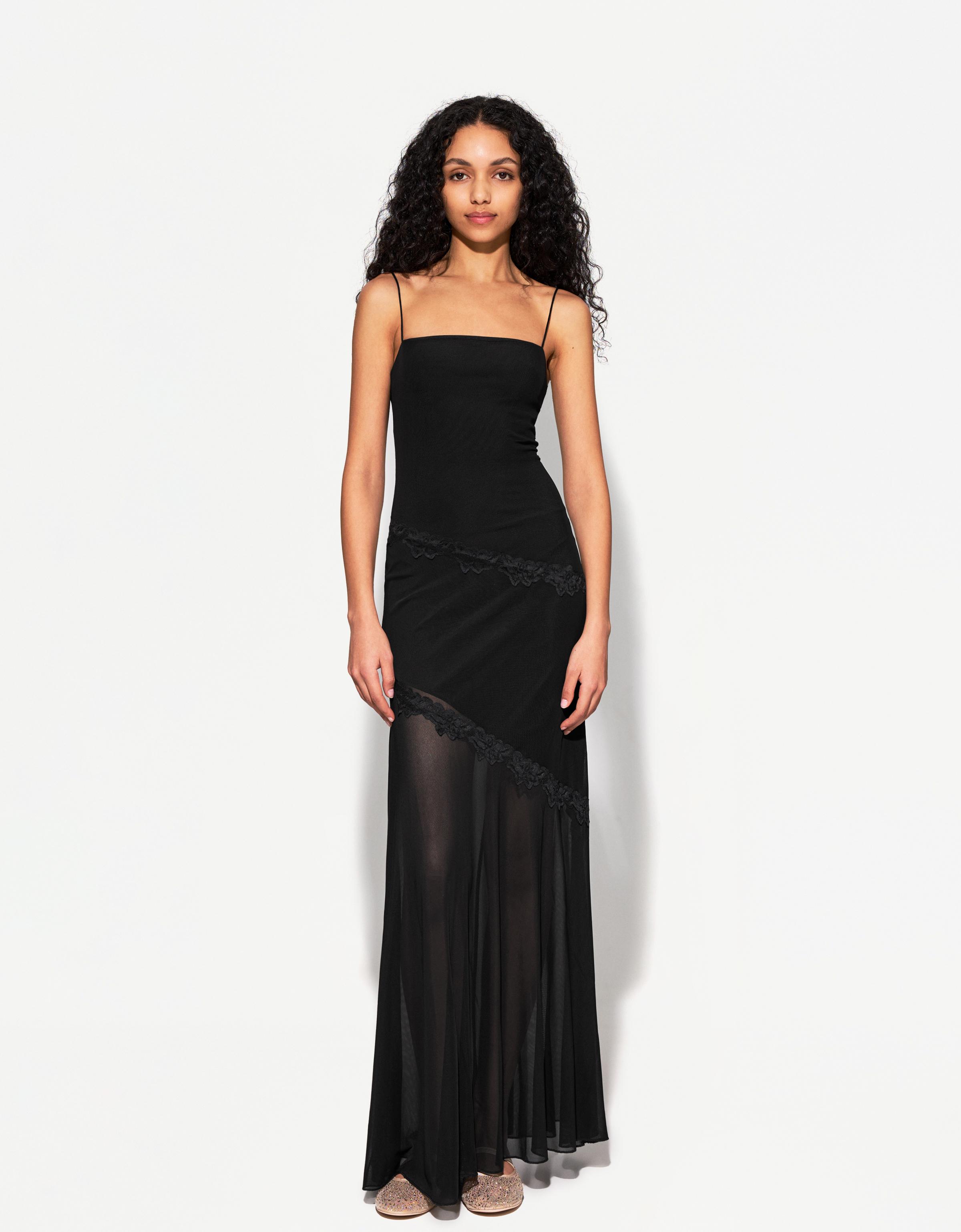 Bershka Midikleid Aus Tüll Mit Spitzenkante Damen M Schwarz