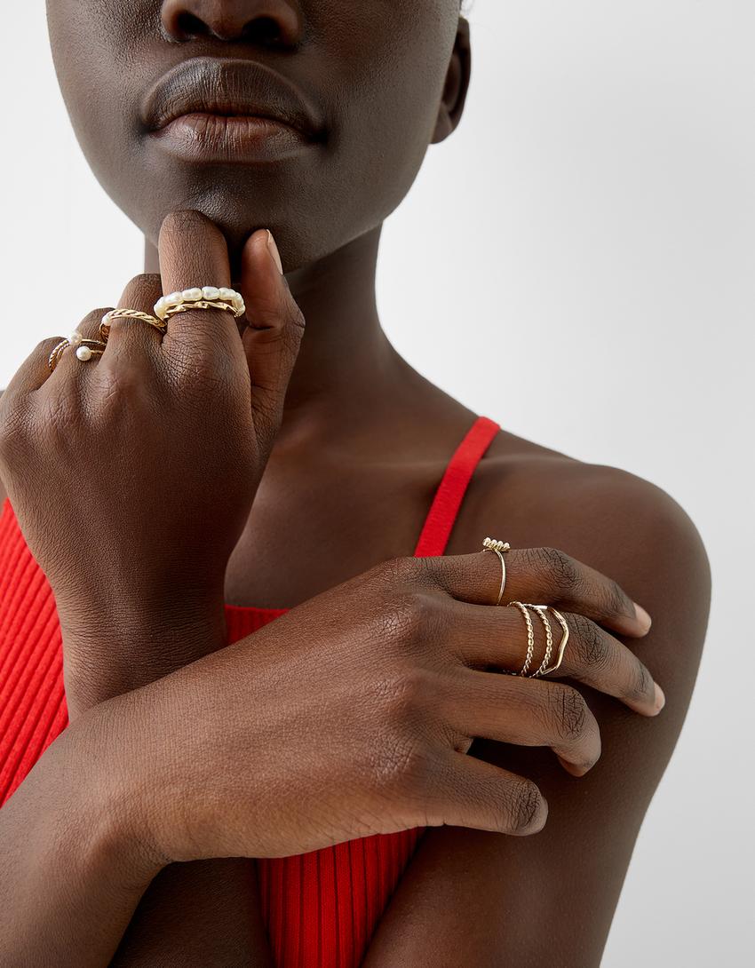 חבילה של 9 טבעות עם חרוזי פנינה-זהב-3