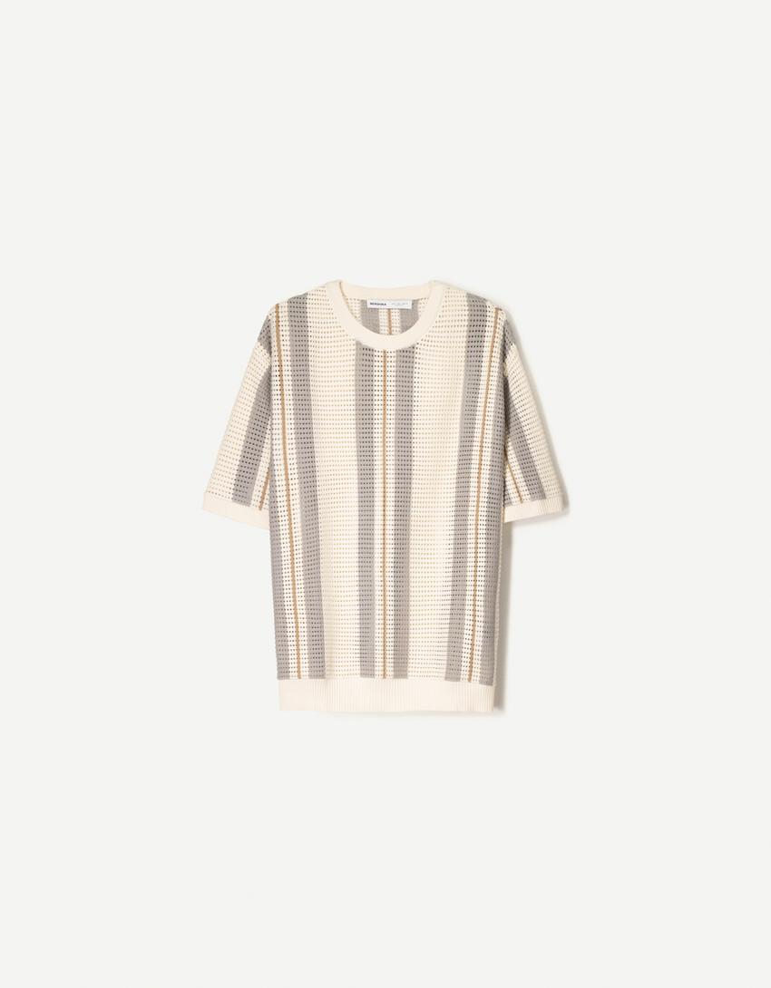 Textured striped short sleeve T-shirt-Sand