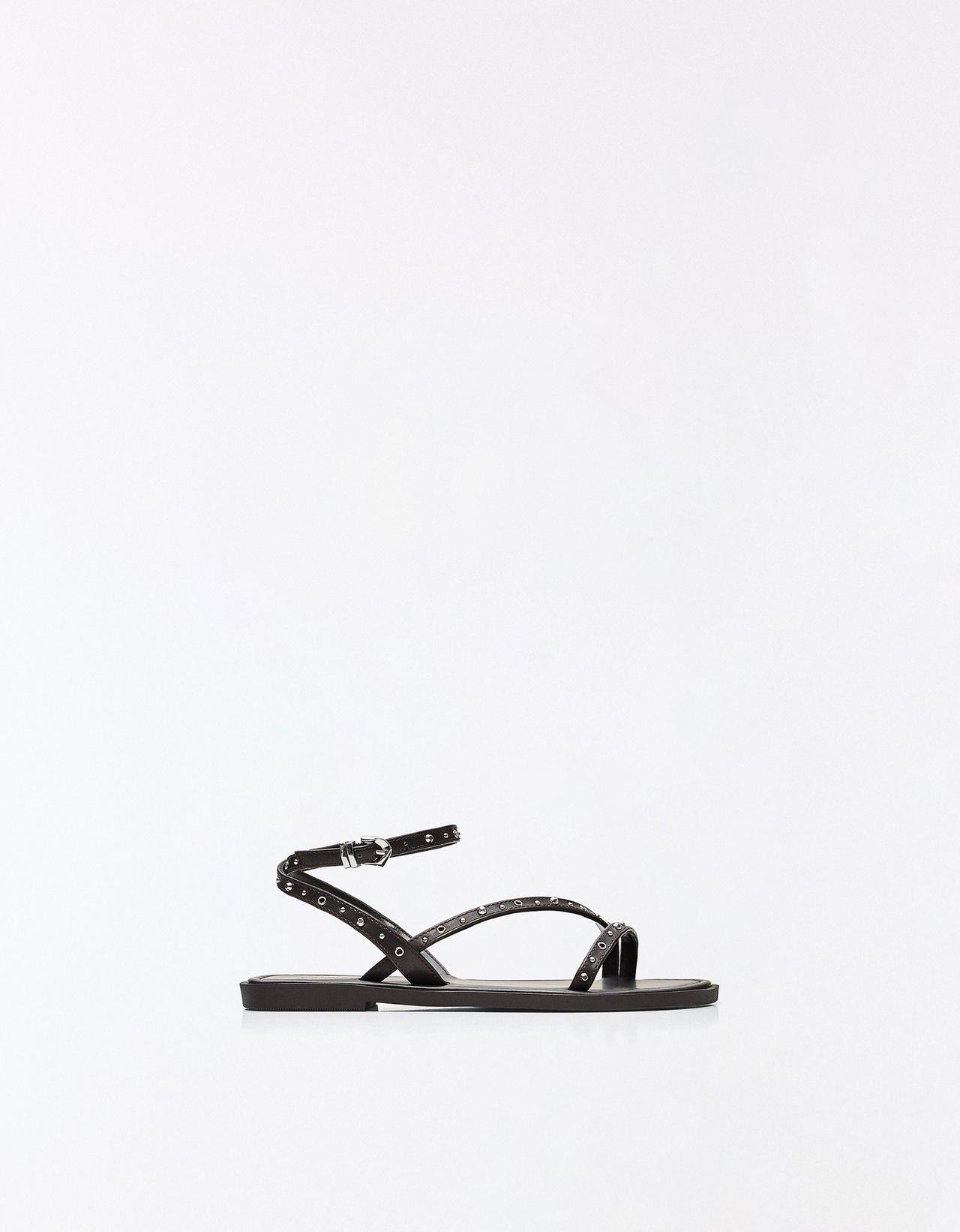 MULTISTRAP STUDDED FLAT SANDALS — Brown