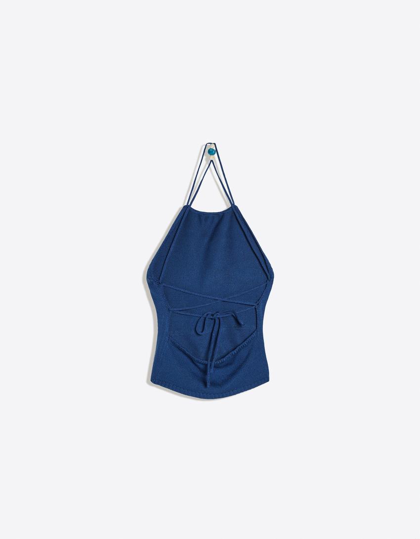 Rustykalny top typu halter-Niebieski