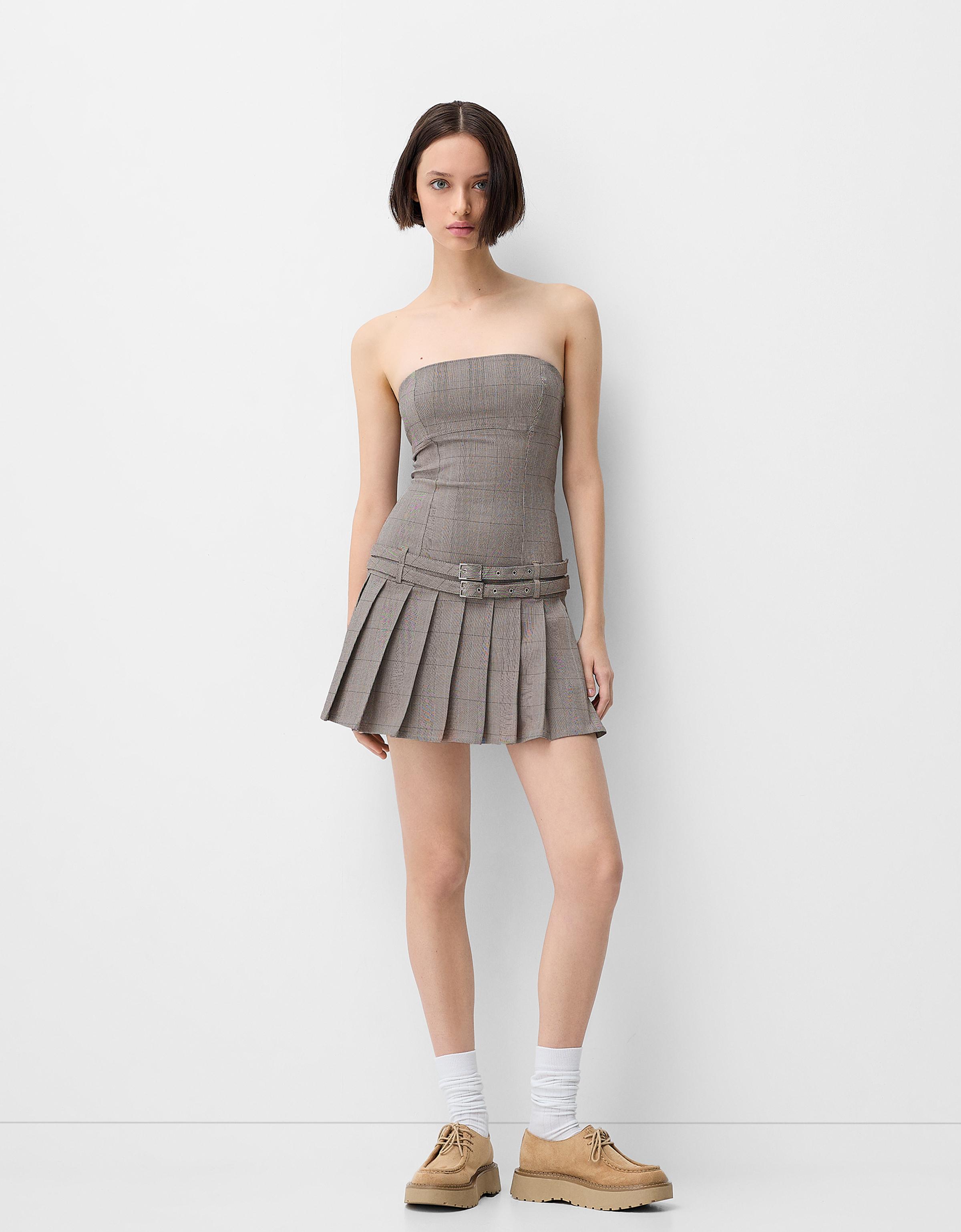 Check mini dress with box pleats