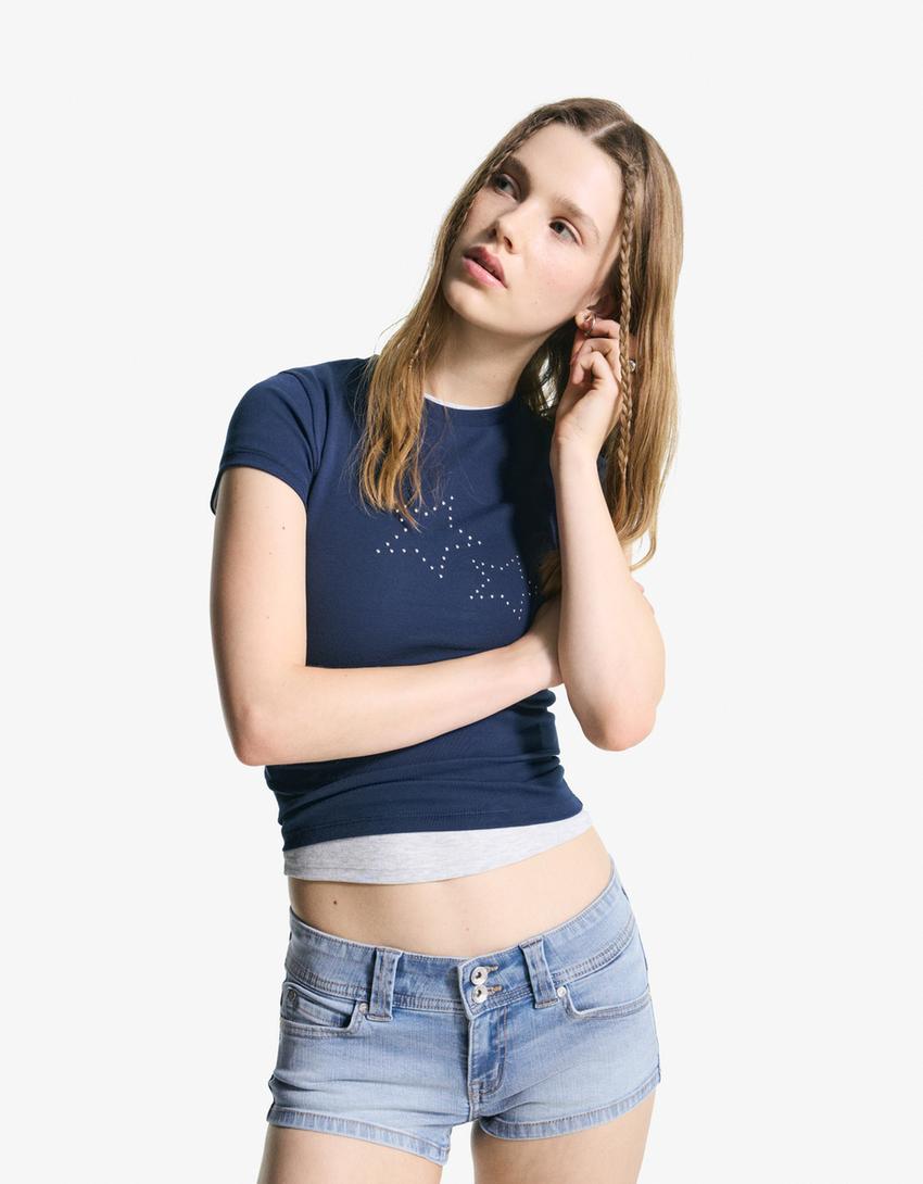 Short denim bordado-Azul lavado