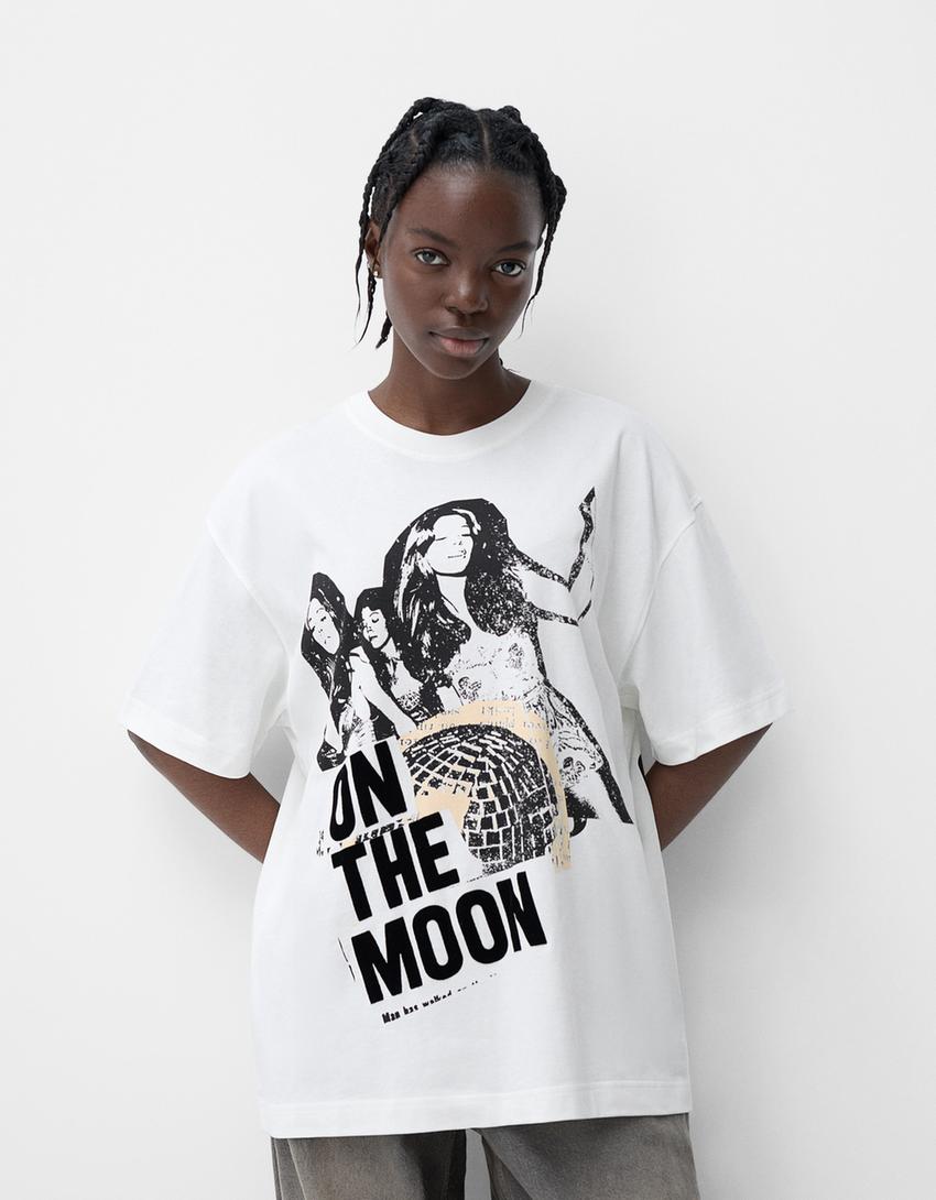 T-shirt manches courtes oversize imprimé-Écru-0
