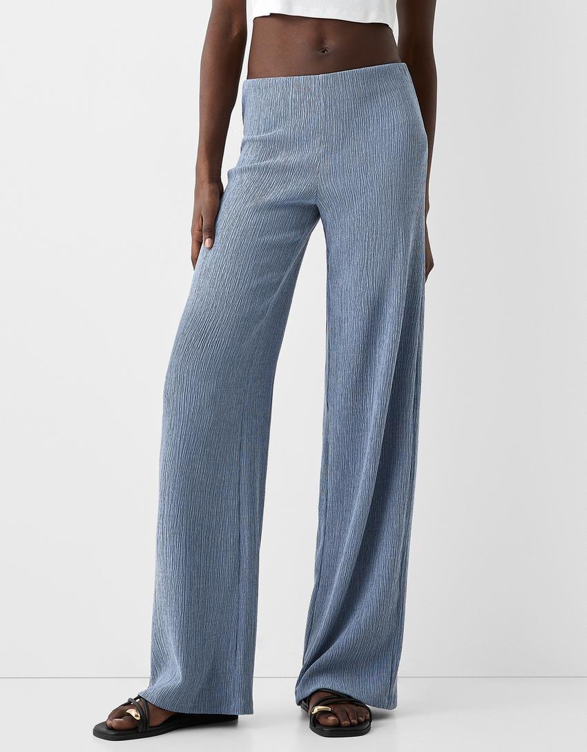 Pantalon wide leg gaufré-Bleu-1