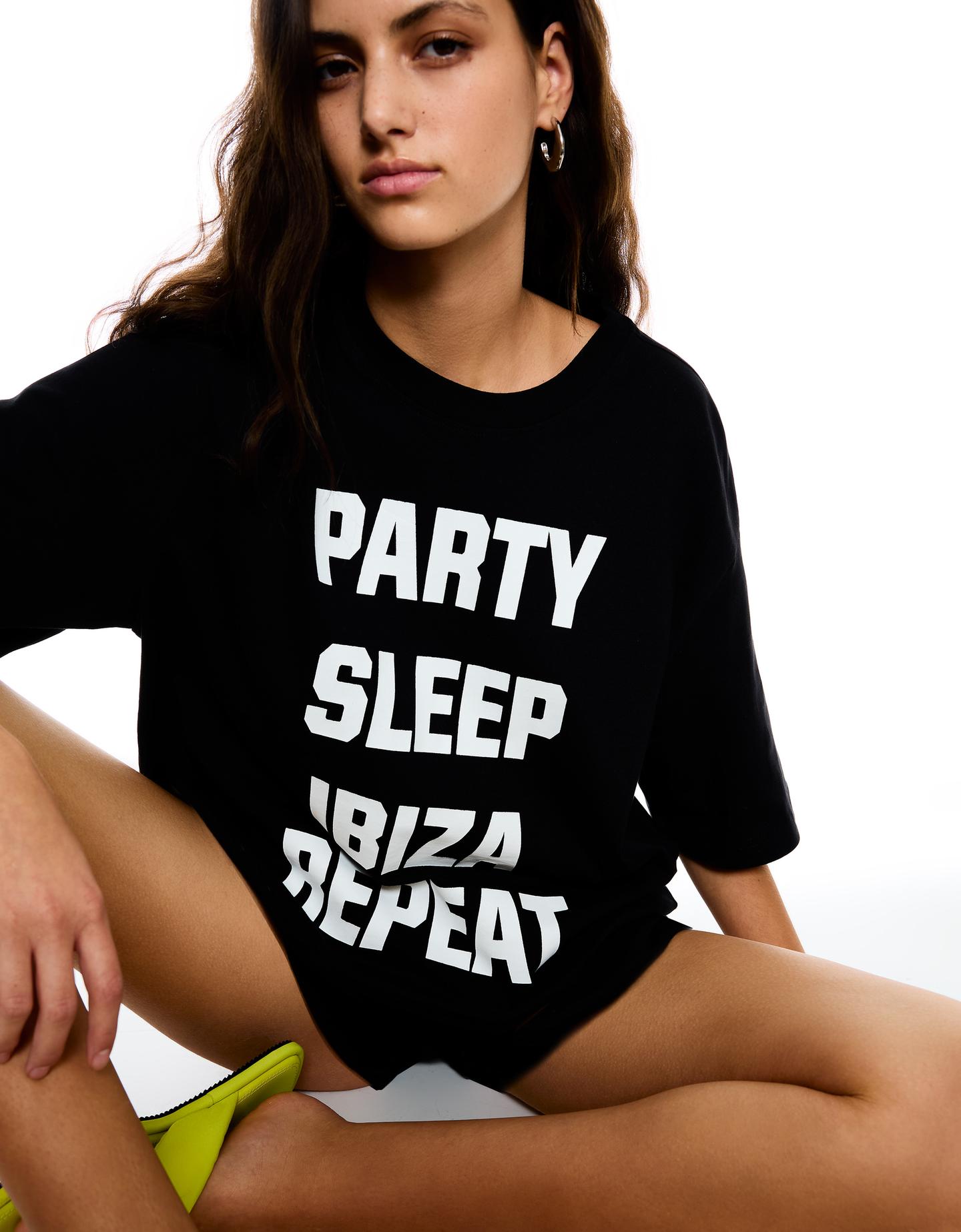 Bershka Camiseta Manga Corta Print Mujer M Negro