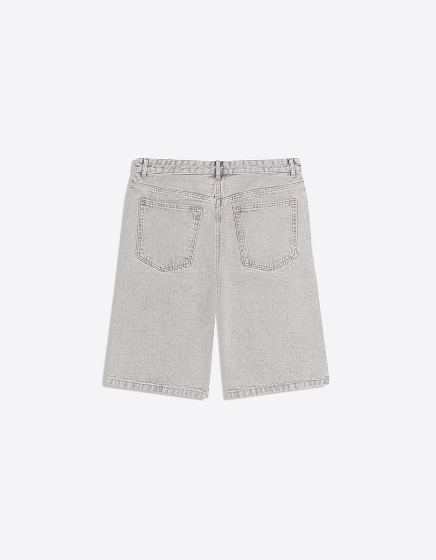 Baggy denim Bermuda shorts-Grey