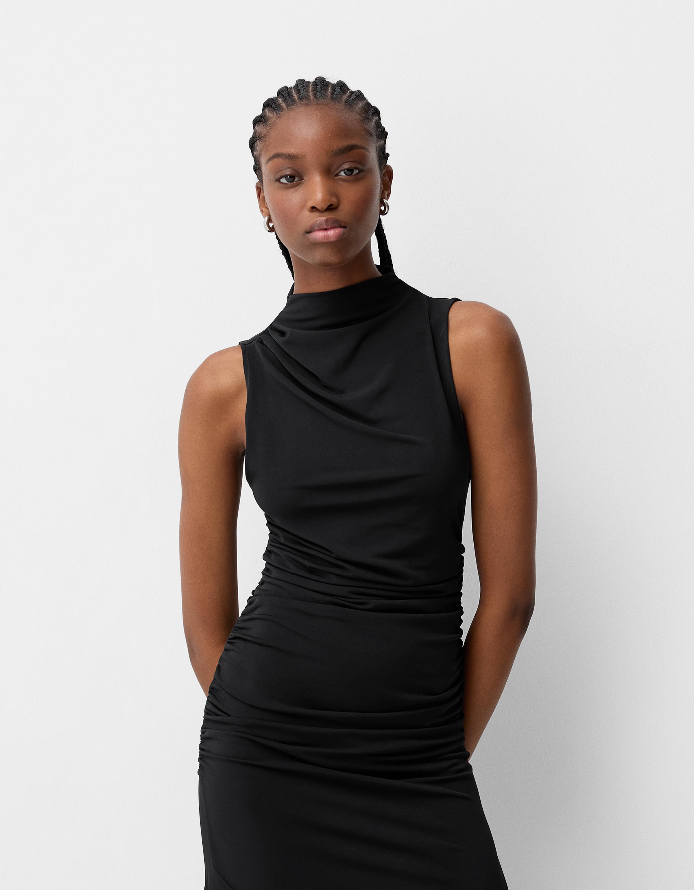 Bershka Midikleid Mit Raffung Damen S Schwarz