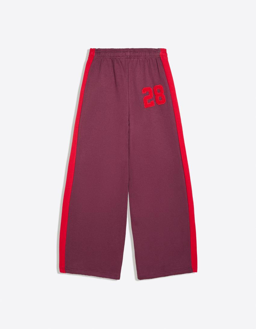 Pantalón felpa wide leg bordado-Burdeos