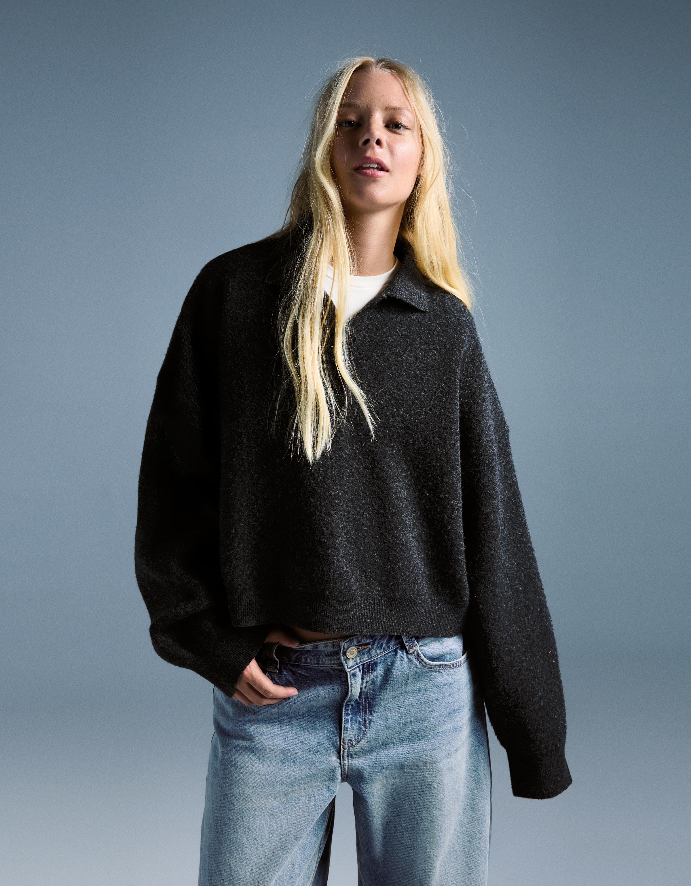 Bershka Boxy-Pullover Mit Polo-Kragen Damen L Grau