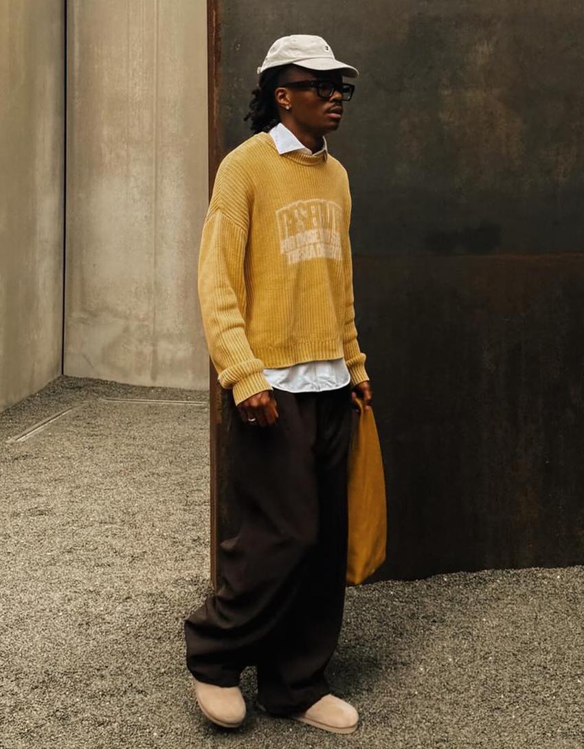 Printed boxy fit crew neck sweater-Yellow