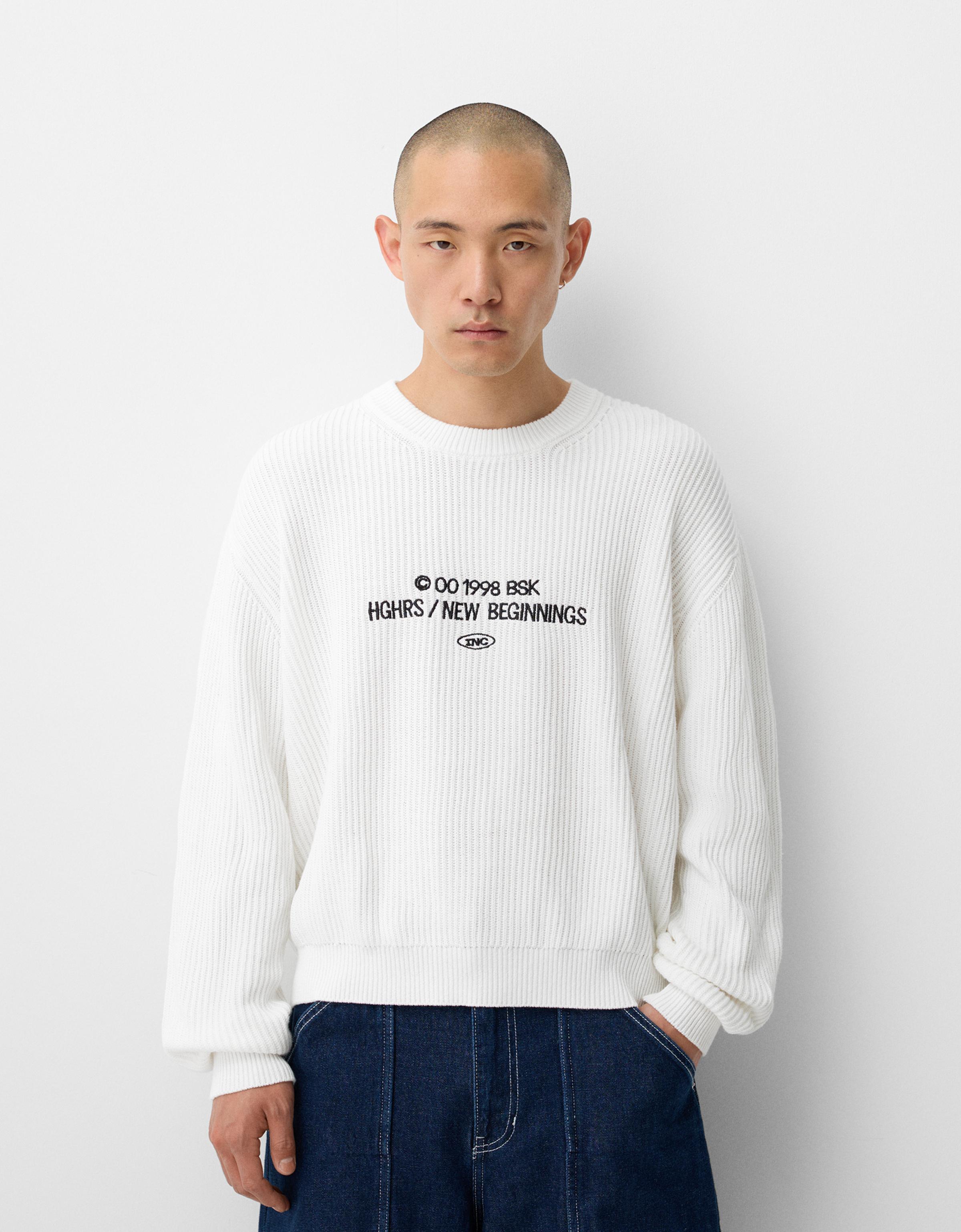 Bershka Pullover Im Rippenstrick Mit Stickerei Herren L Weiss