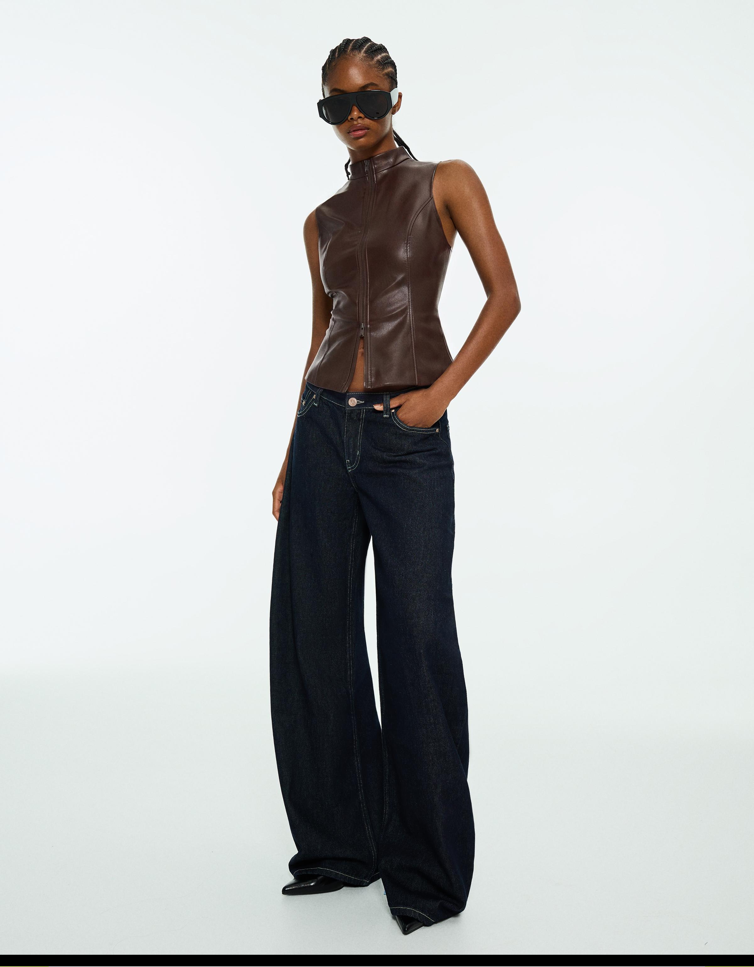 Leather-effect sleeveless high-neck top — Brown