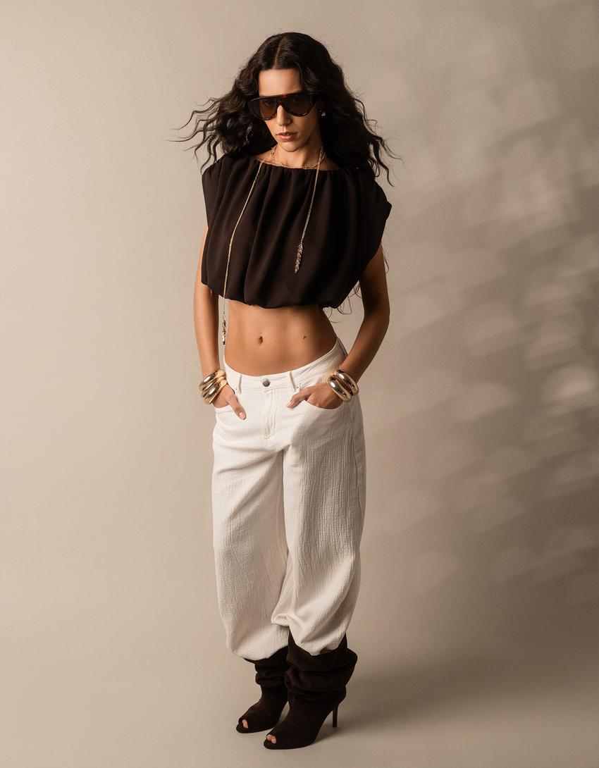 Balloon crop top-Brown