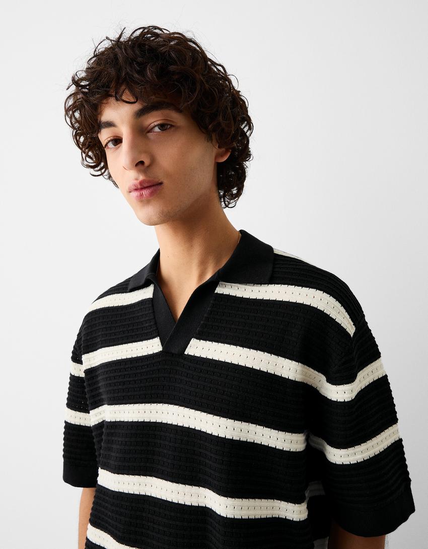 Textured striped short sleeve polo shirt-Black-2