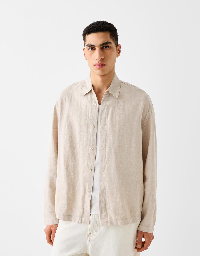 Chemise manches longues loose fit lin-Beige-0