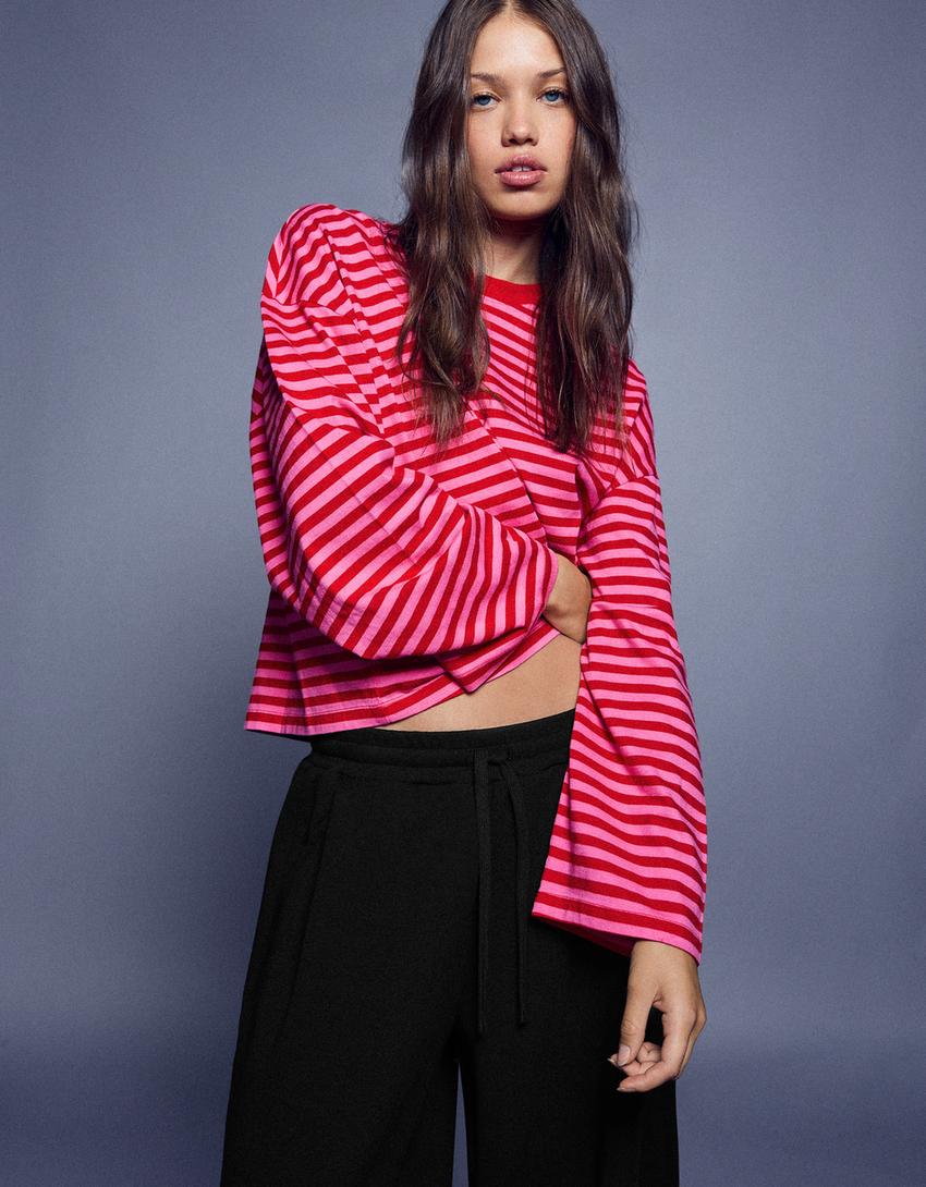 Striped long sleeve boxy T-shirt-Pink