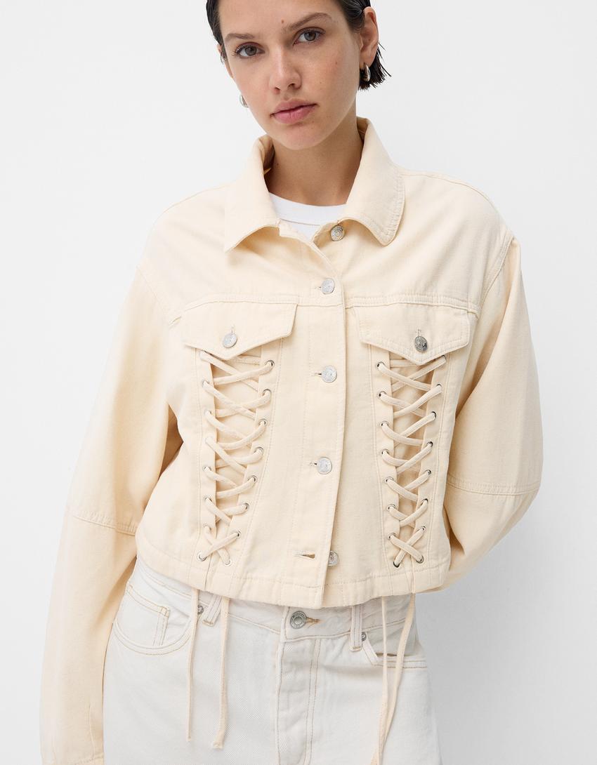 Casaco de algodão com lace up-Bege-2