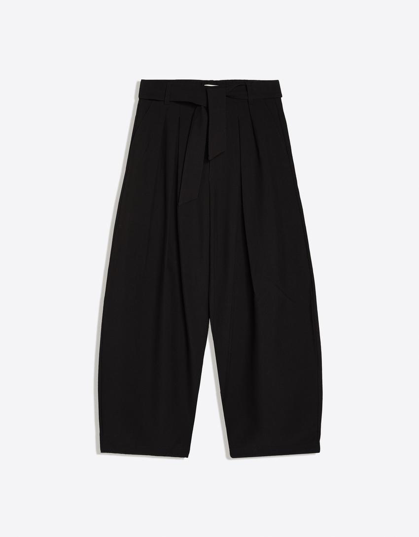 Pantalon barrel à pinces avec ceinture-Noir