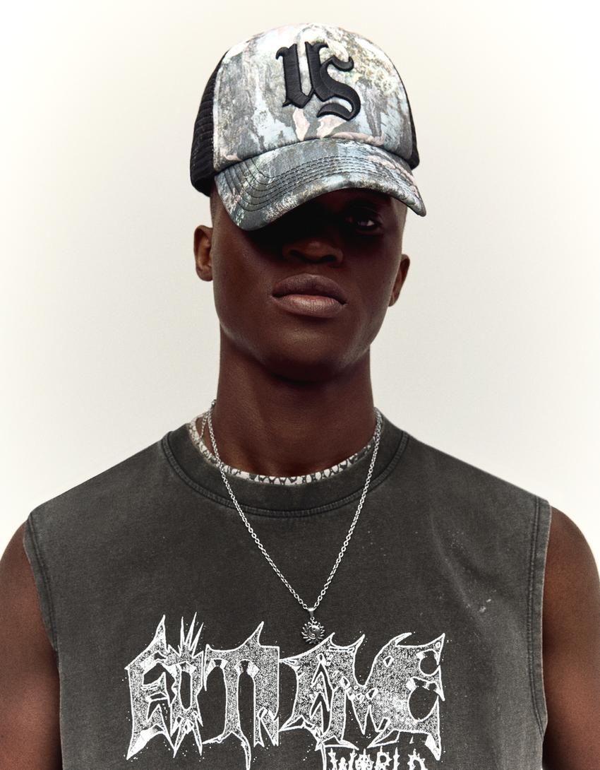 Faded effect worker print T-shirt-Black